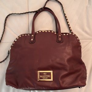 VALENTINO GARAVANI Rockstud  Dome  Leather Sachel Burgundy